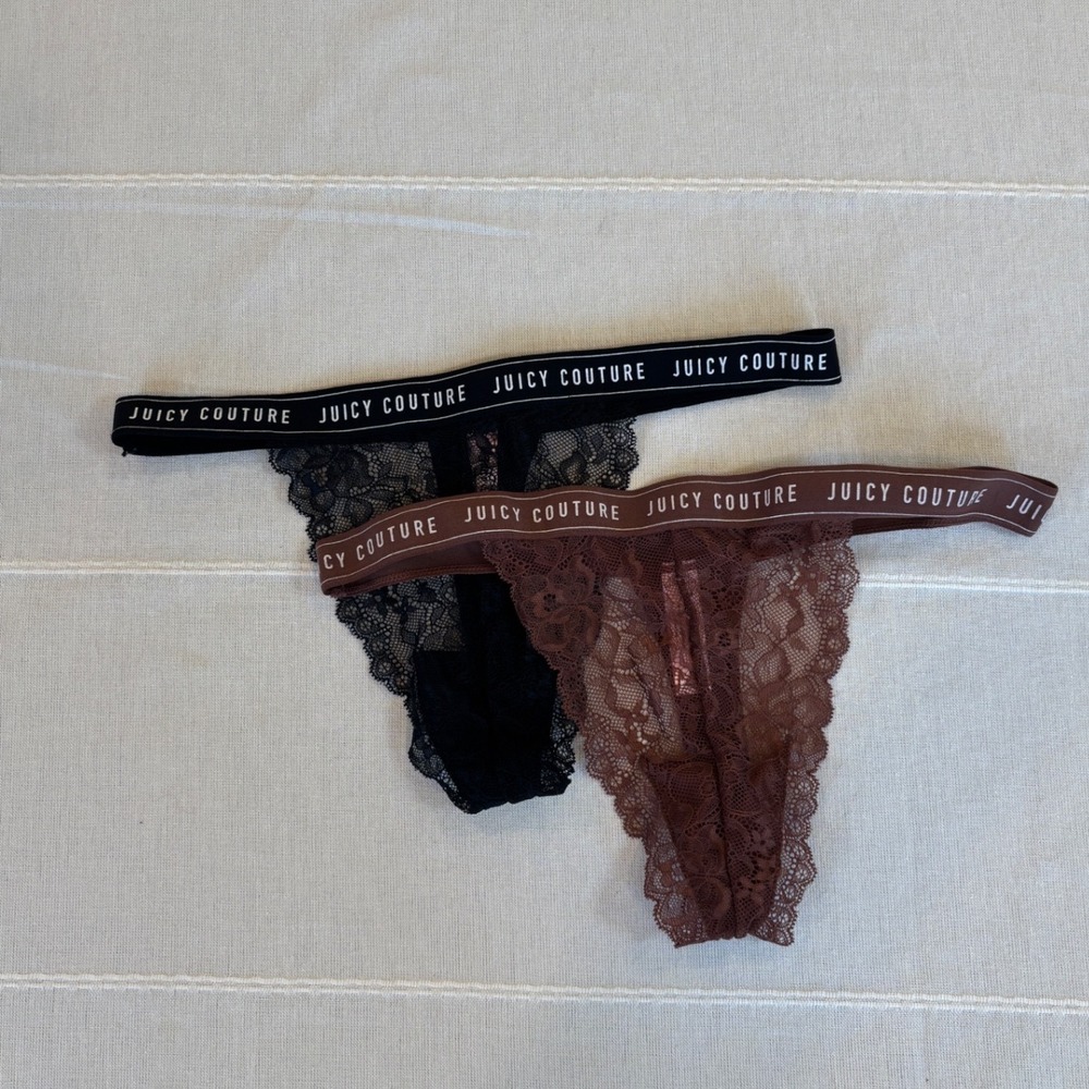 Juicy Couture Intimates 2 Pack Lace Thong Panties Black Brown Logo Waistband M